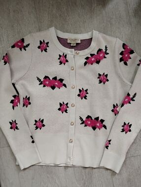 Light Cream Floral Cardigan with Pink Flower Embroidery